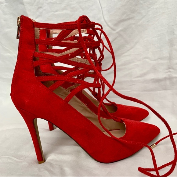 Red Lace up Heels - Picture 8 of 12